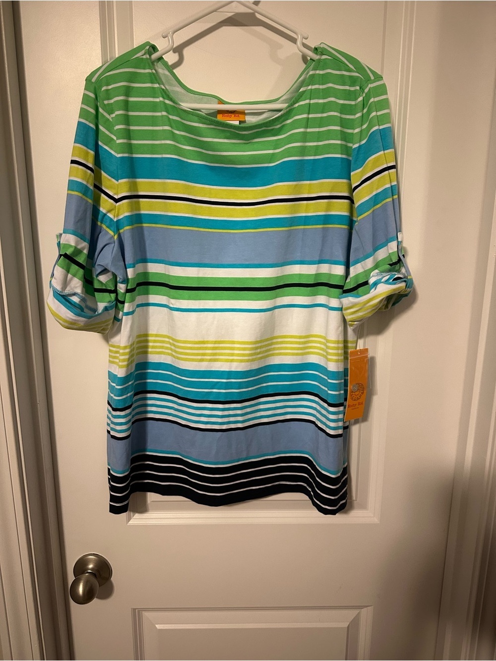 Ruby Rd. Striped Boatneck Top in Green, Blue & Yellow